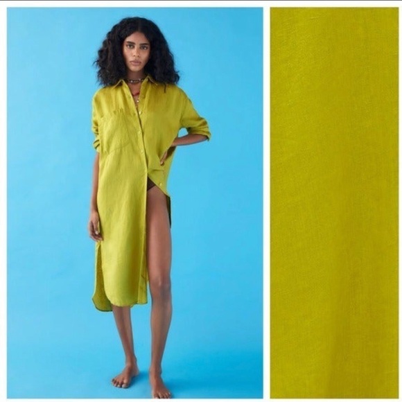 Zara Dresses Lime Green Zara Linen Shirt Dress Long Oversized S
